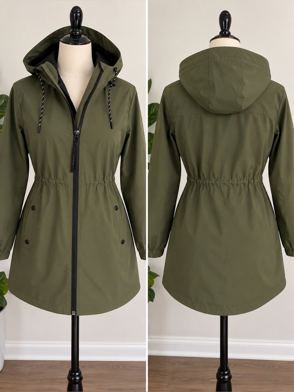 Weatherproof Women’s Hooded Raincoat in Olive Green with Black Lining